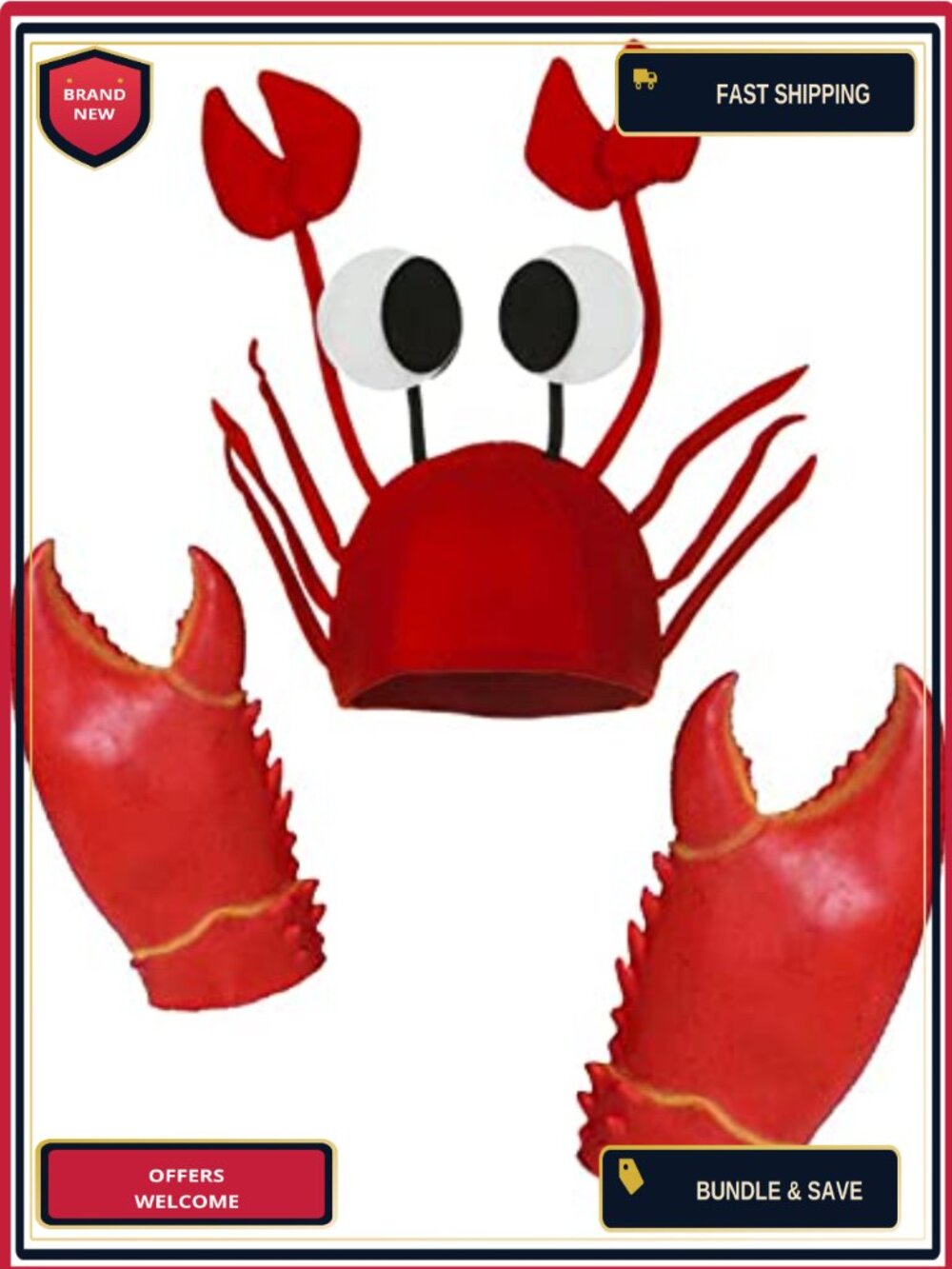 Novelty Crab Hat & Latex Claws Gloves Set Adult Costume Accessory Beach Party